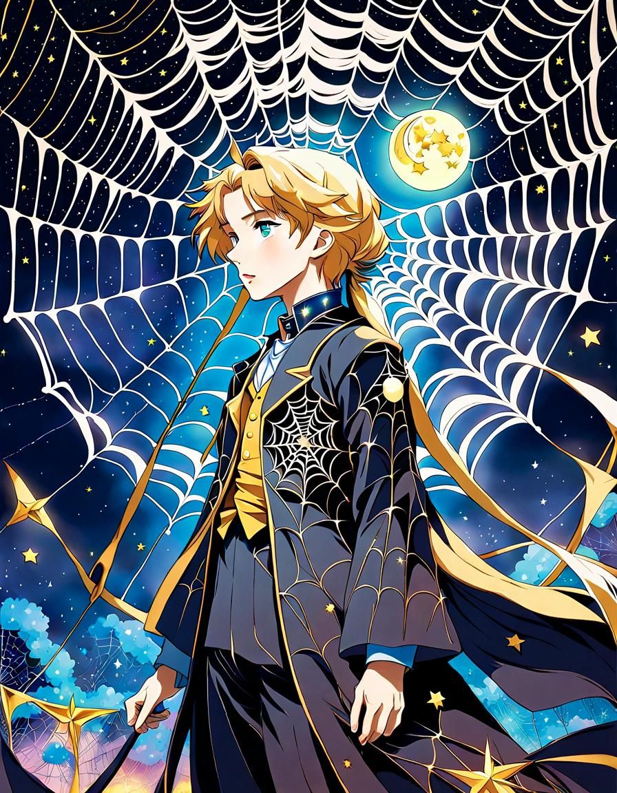 Mystical Spiderweb Figure with Stars and Moon