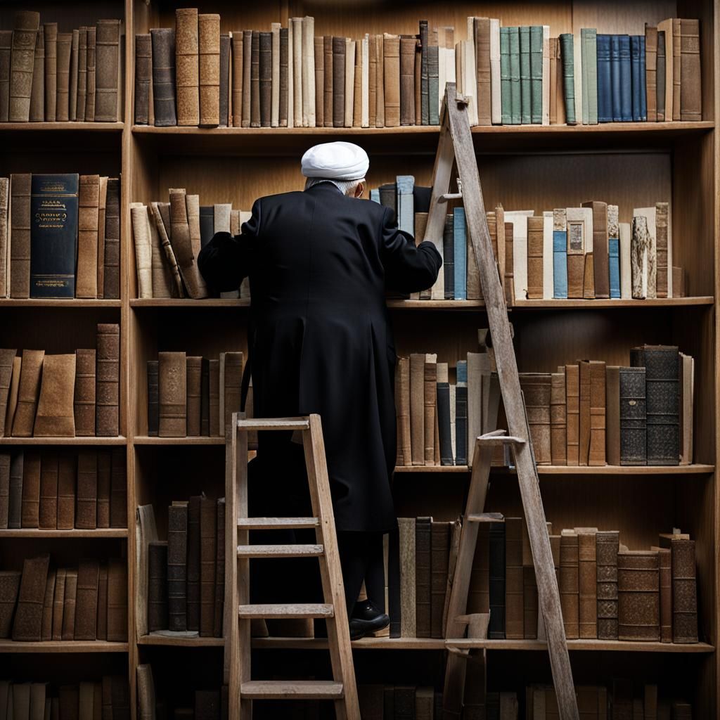 Elderly Man on Ladder by Bookcase