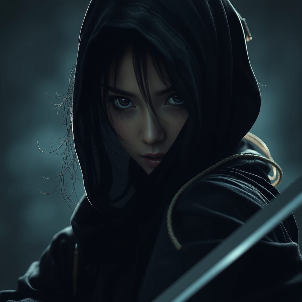 Shadowed Kunoichi Ninja in Dramatic Dark Fantasy Style
