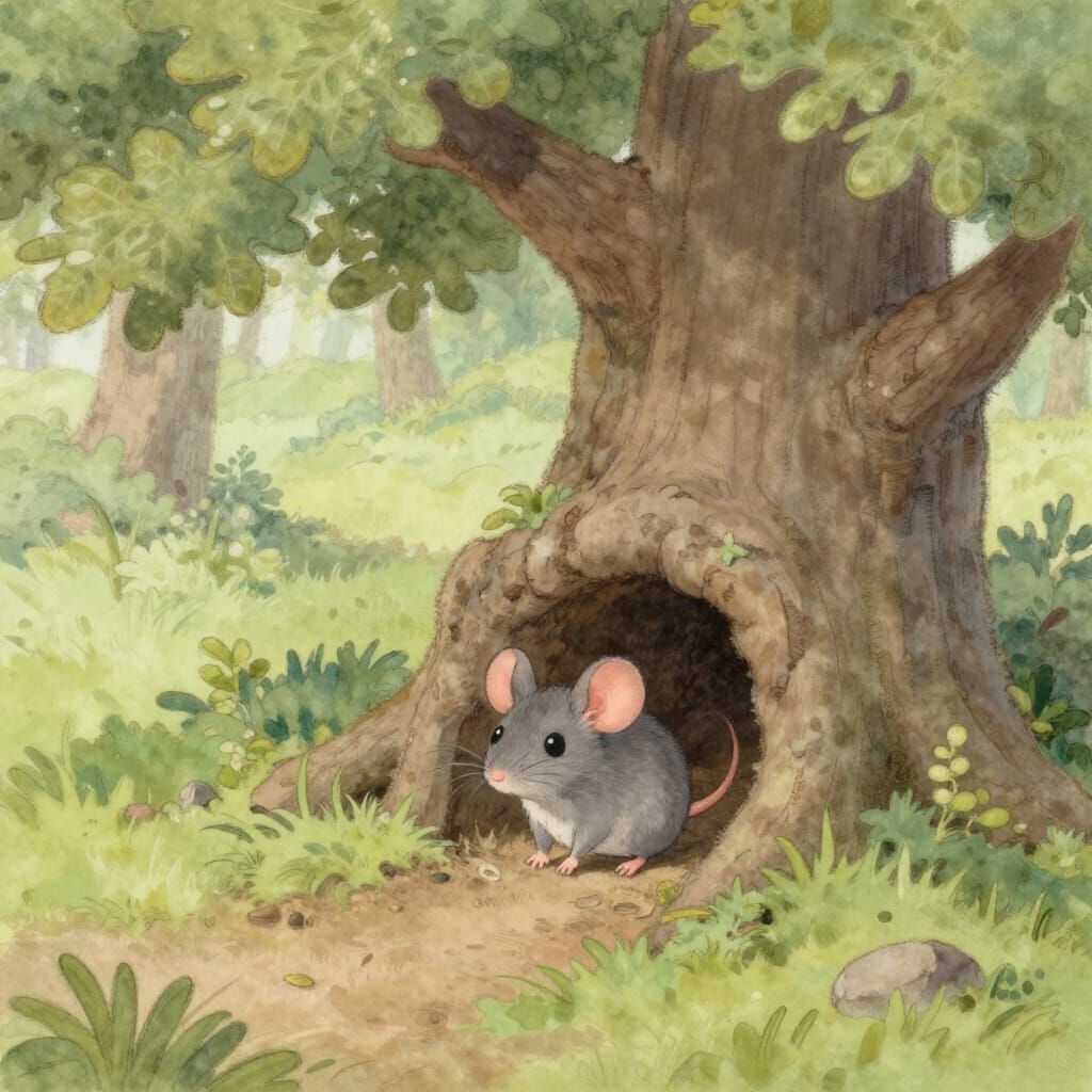 Gentle Mouse Returns to Cozy Home in Pastel Storybook Style