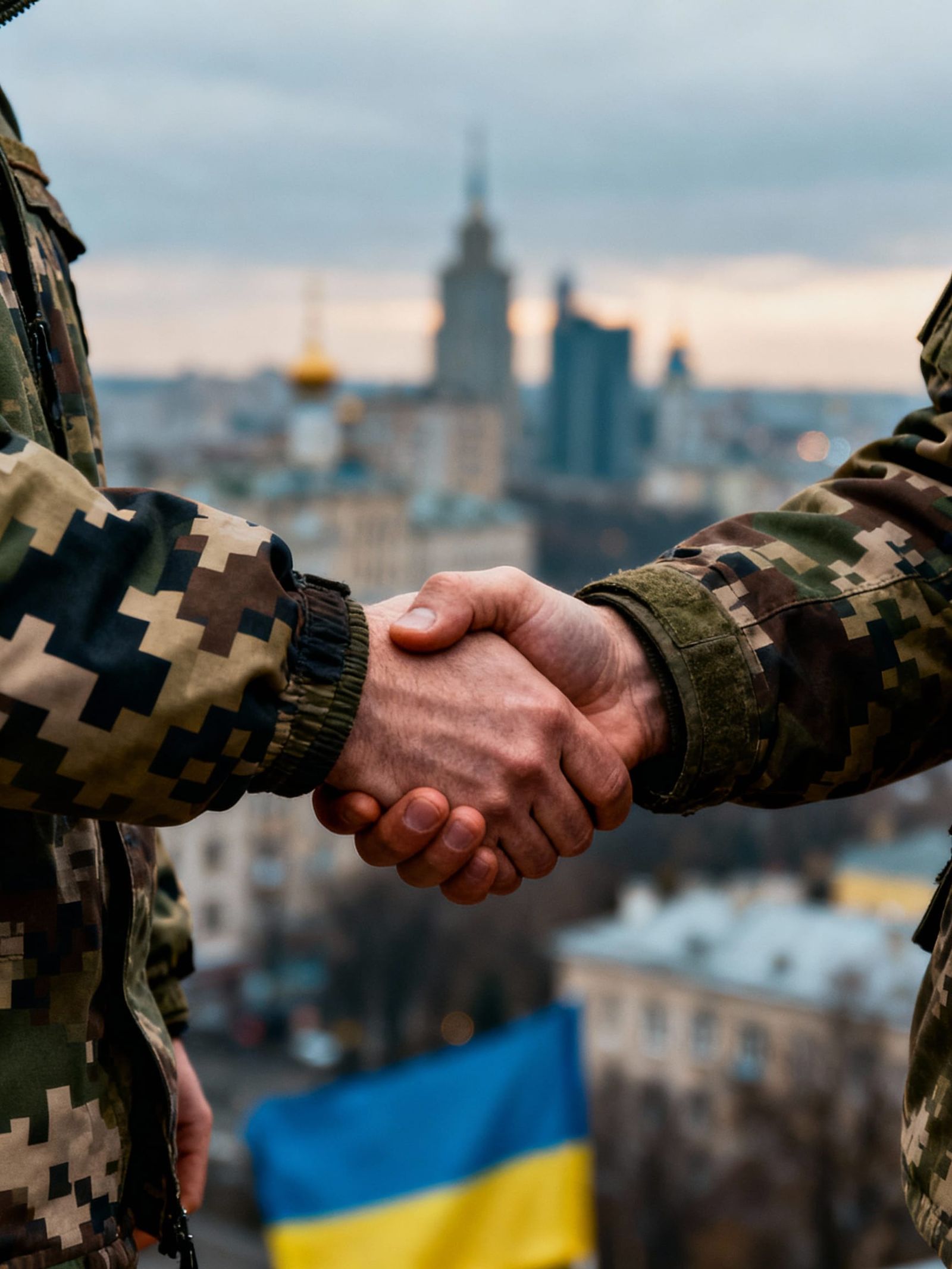 Ukrainian Veterans' Handshake in Kyiv Cinematic Style
