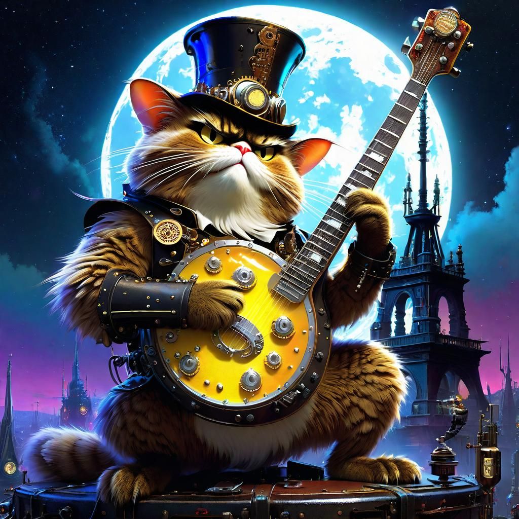 Steampunk Crumpet Guitarist in Moonlit Digital Art