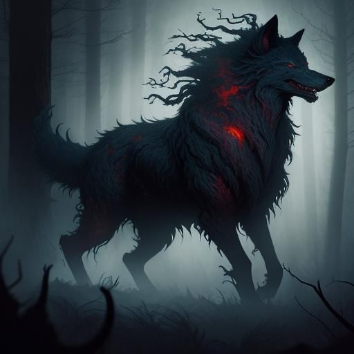 Wolf Shadow Monster in Misty Forest, Dark Fantasy Art