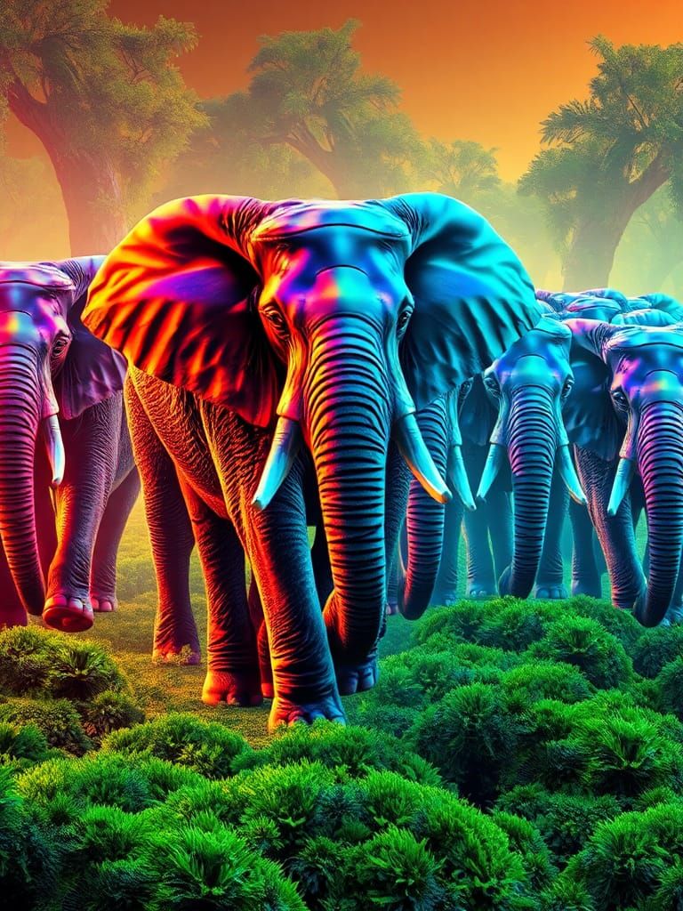 Iridescent Elephants March in Futuristic Landscape