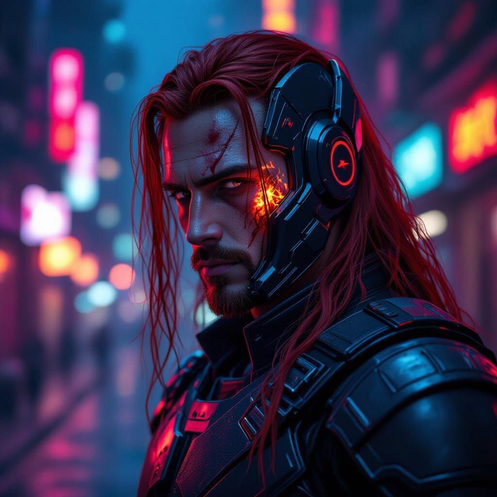 Man in Futuristic Armor with Burn Scar in Neon City