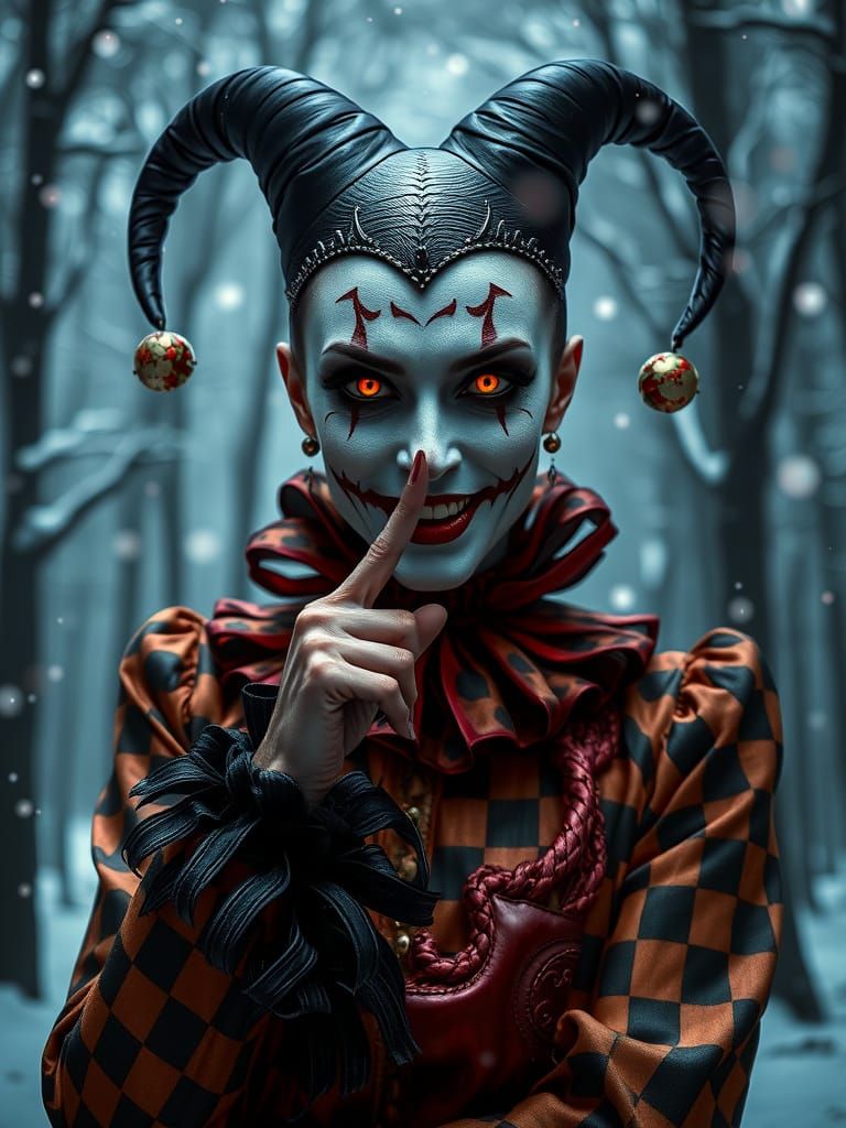 Evil Harlequin Woman in Victorian Costume with Orange Eyes