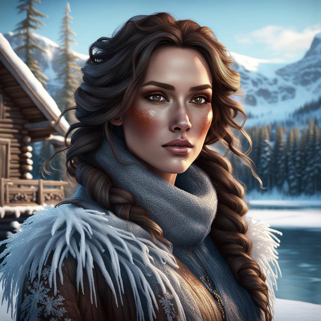 Woman Ice Skating Near Cabin, Fantasy Concept Art