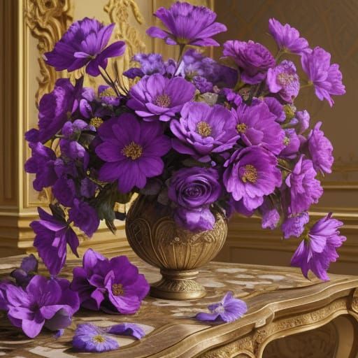 Baroque Painting of Vibrant Purple Flowers in Chiaroscuro