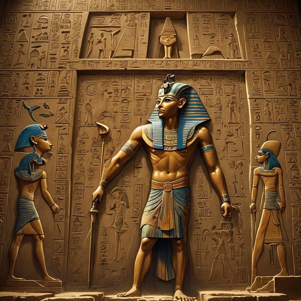 Pharaoh Unlocks Pyramid Chamber in Vibrant Oil Painting