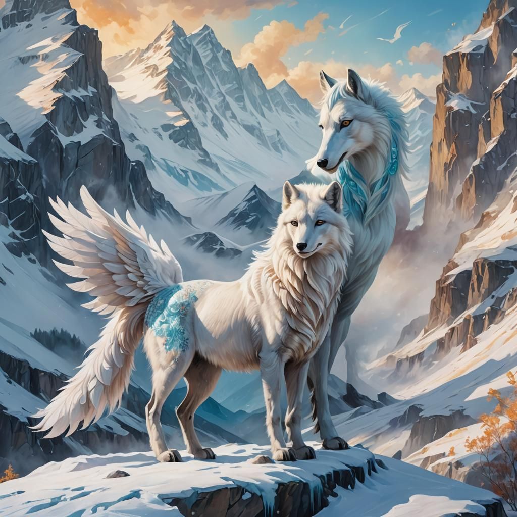Pegasus and Arctic Fox in Snowy Alps