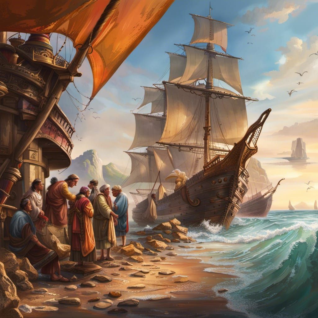 Ancient Seashore Traders: Hyperrealistic Concept Art