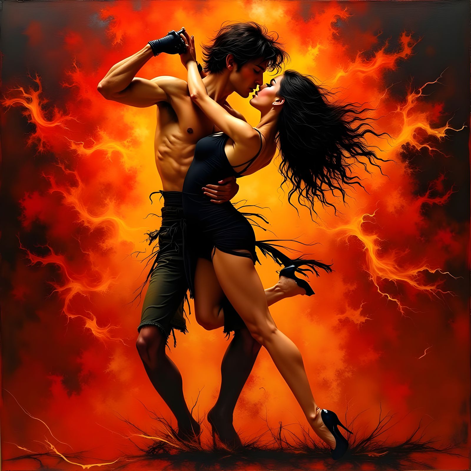 Passionate Tango Dancer Amidst Swirling Flames
