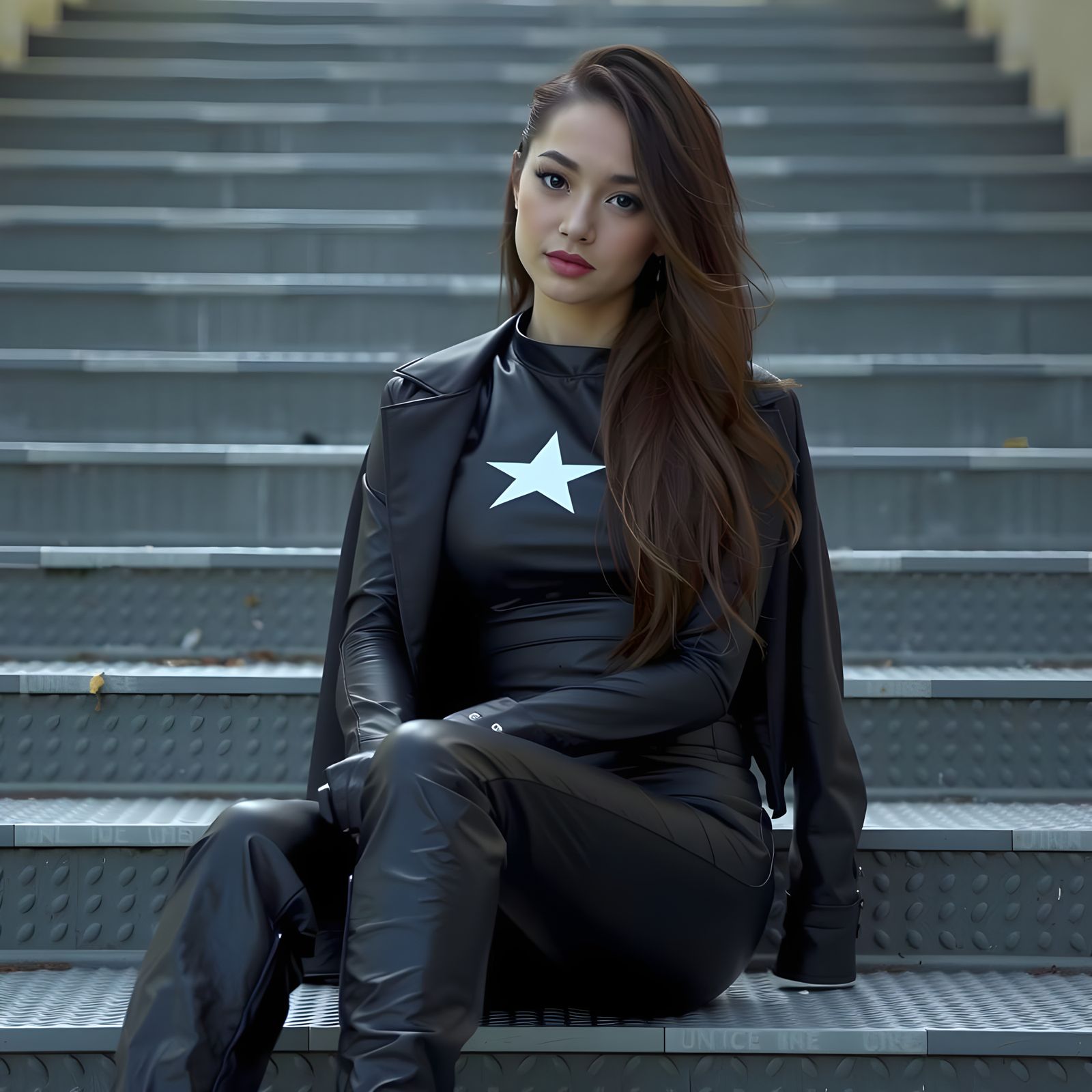 Young Woman in Elegant Black Attire, Urban Edge