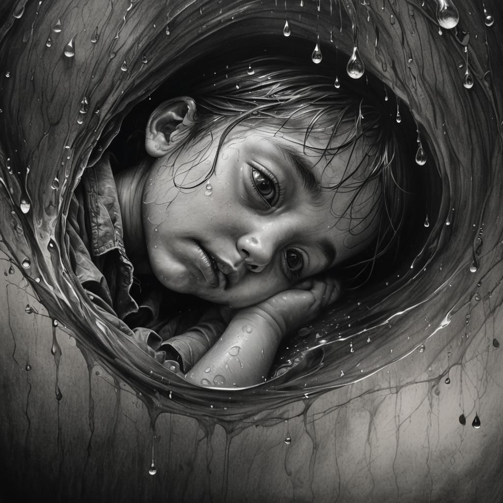 Solitary Figure Sheltered Inside Giant Raindrop