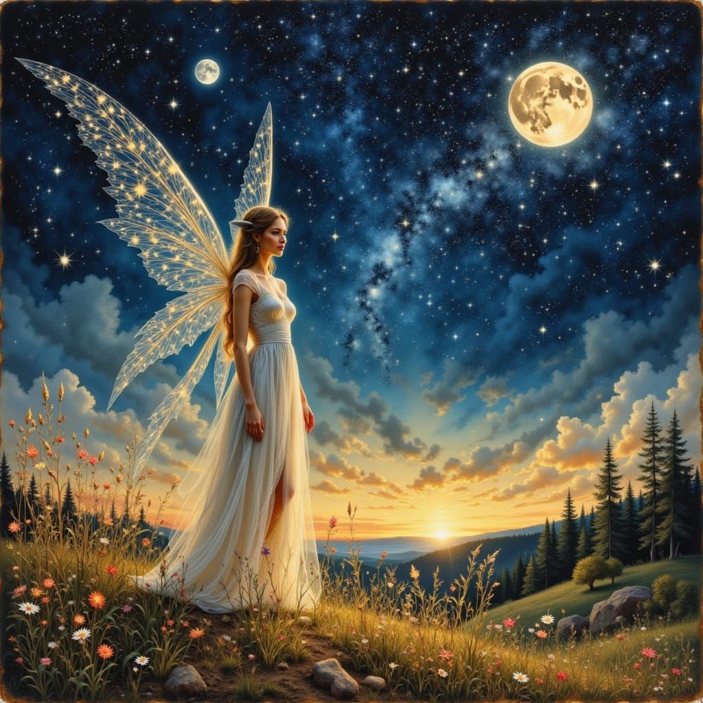 Magical Elf Princess in Twilight Landscape with Two Moons