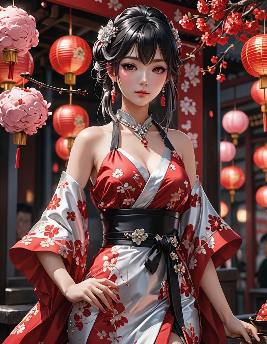 Melting Cherry Ice Cream in Anime Style Kimono