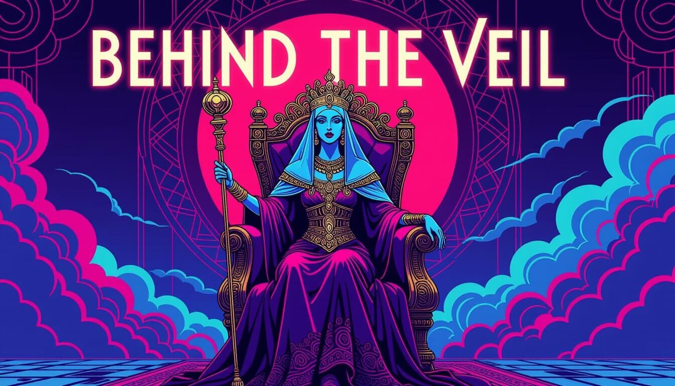 Byzantine Queen on Throne with Neon Backdrop