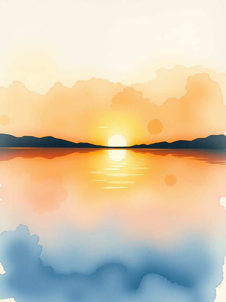 Serene Lake at Sunset: Antique Watercolor Painting