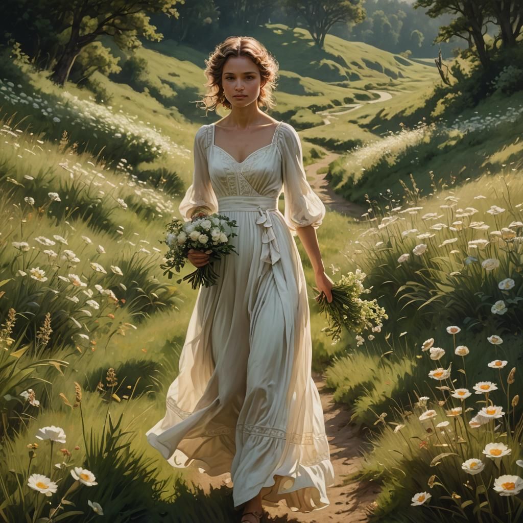 Woman with Flowers in Meadow: Photorealistic Portrait