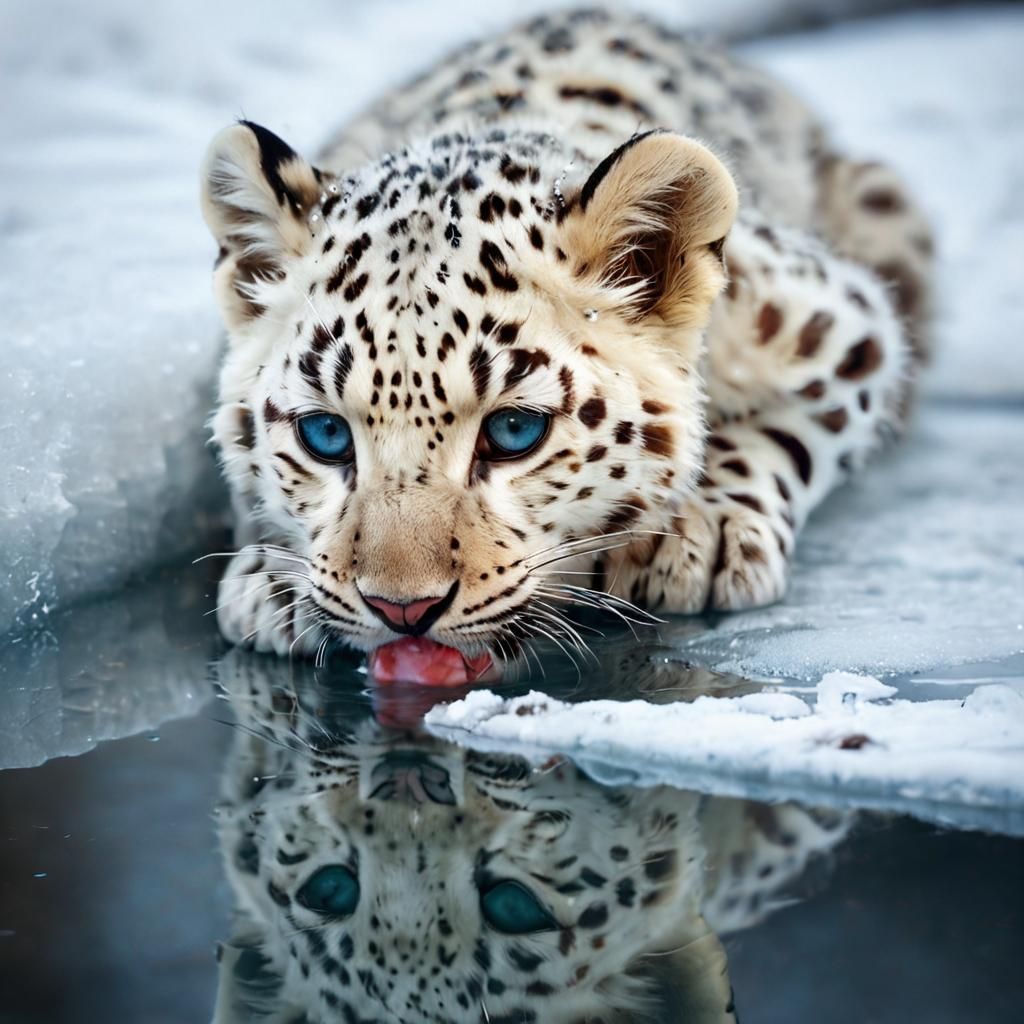 White Leopard Cub Drinking from Icy Pool