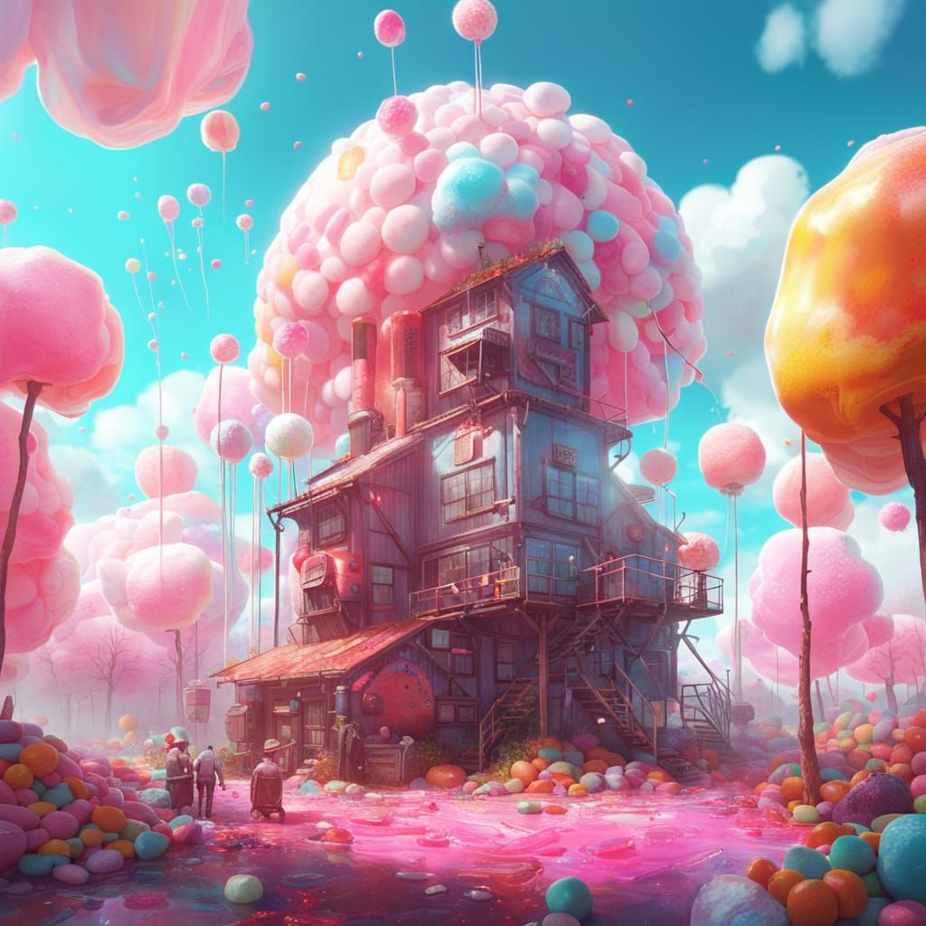Surreal Candy Factory in a Hyperrealistic Style