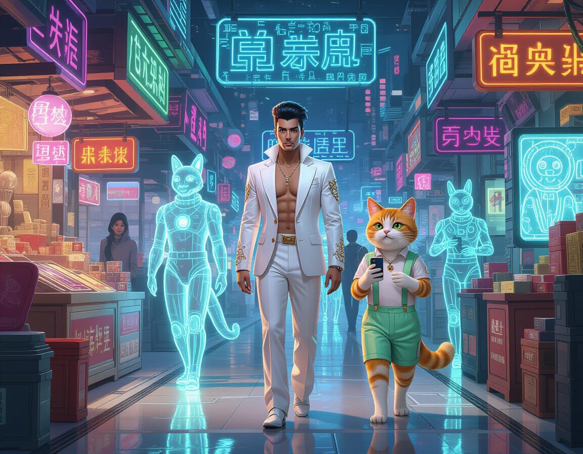 Futuristic Bazaar on Space Station with Anthropomorphic Anim...