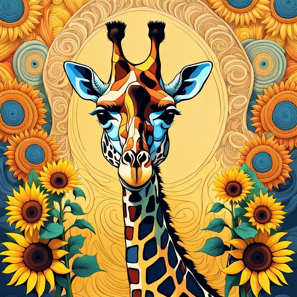 Sunflower Giraffe in Prairie, Neo-Primitivism Style