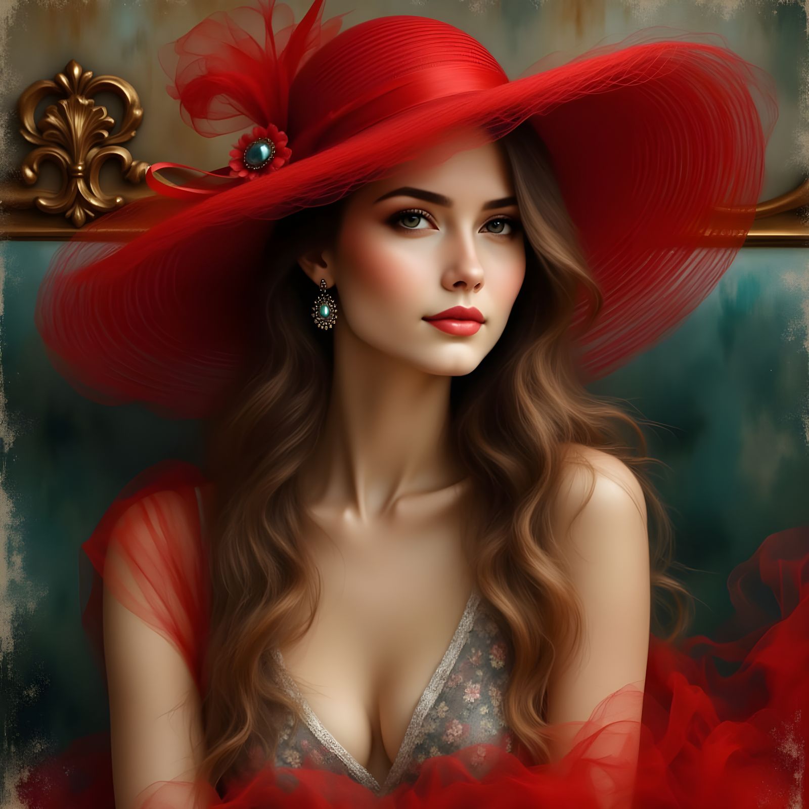 Vintage Hollywood Glamour Lady in Crimson Hat