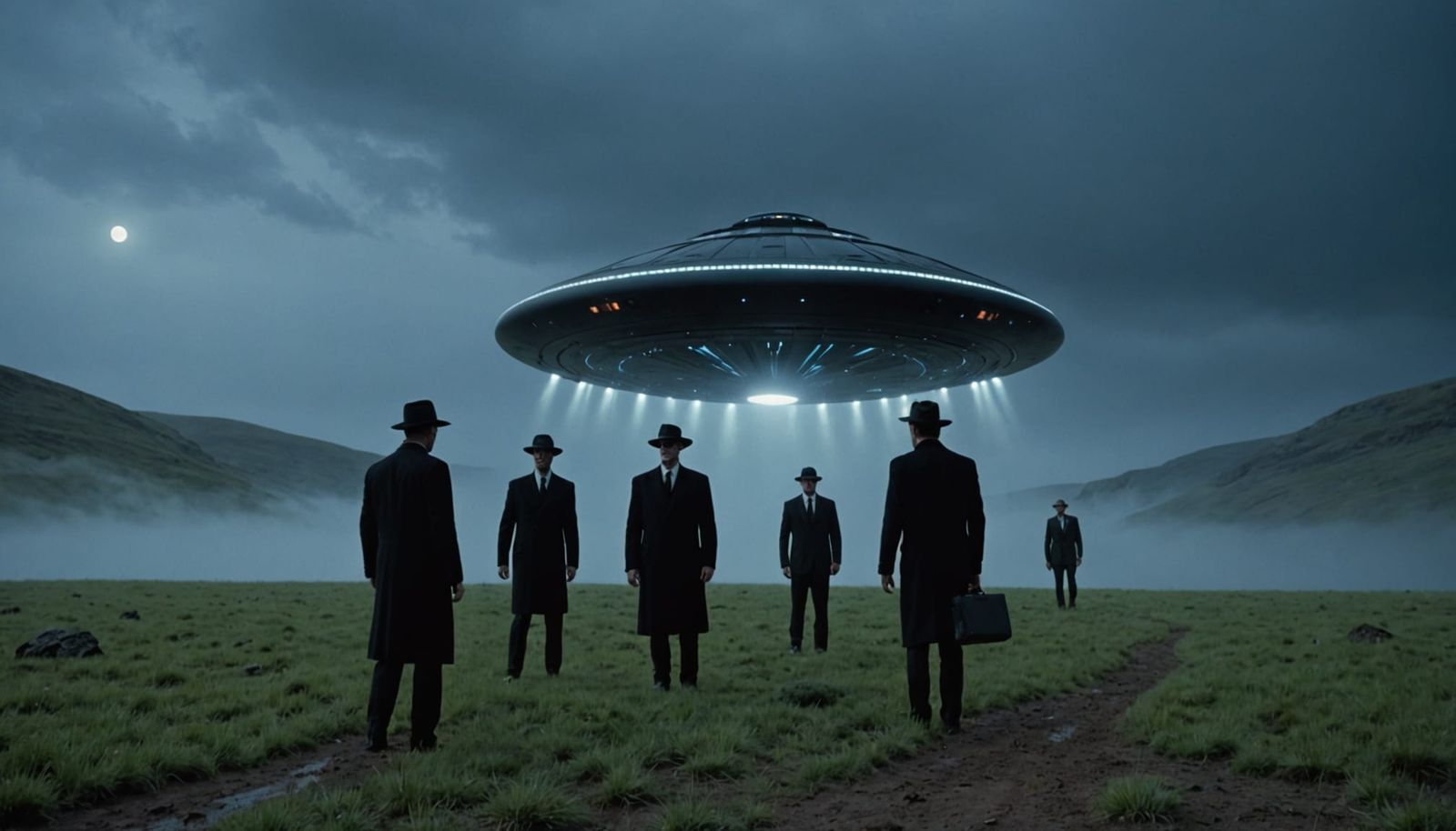 Men in Black Agents Observe UFO in Foggy Valley
