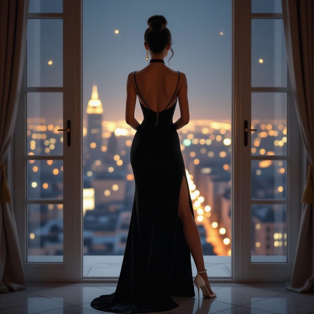 Elegant Lady Gazes at City Lights in Dramatic Golden Glow