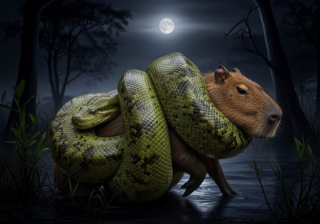 Giant Anaconda Constricts Capybara in Amazon Swamp Night Pho...