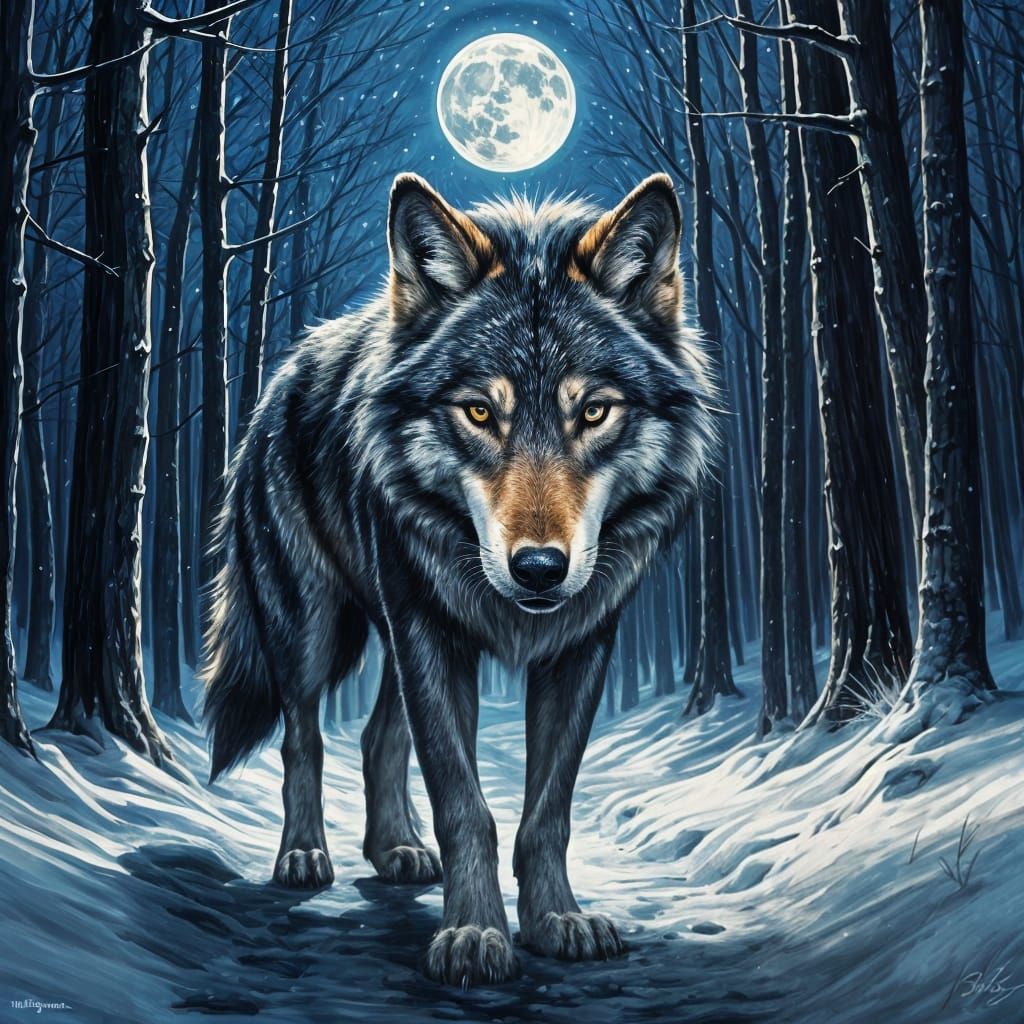 Majestic Wolf in Dark Moonlit Forest