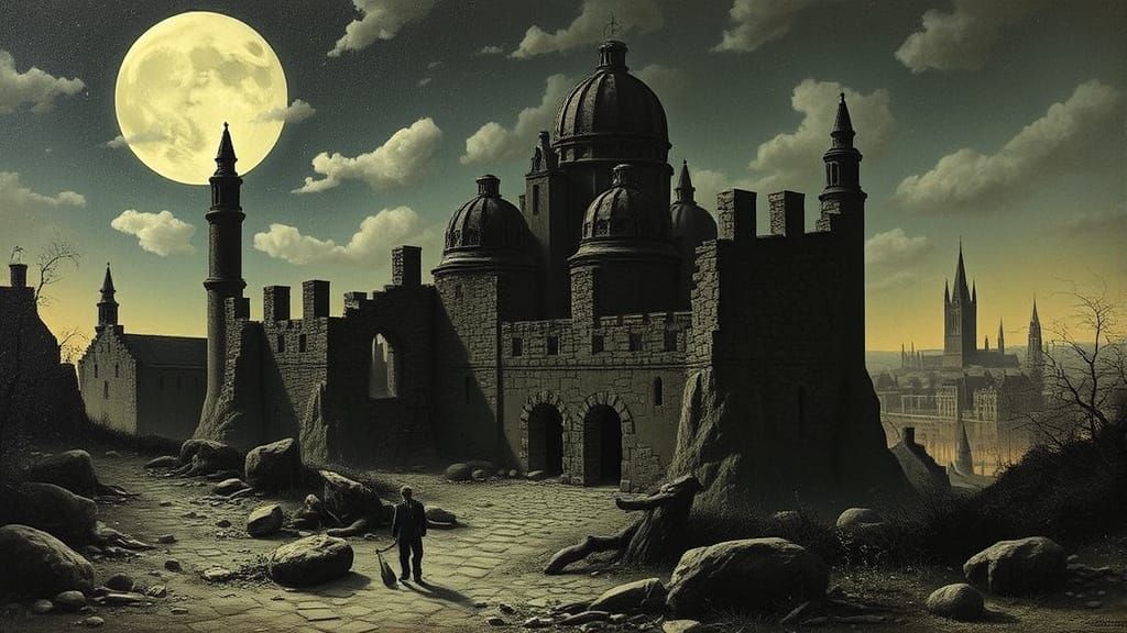 Bizarre Surrealist Cityscape with Ruins and Forgotten Archit...