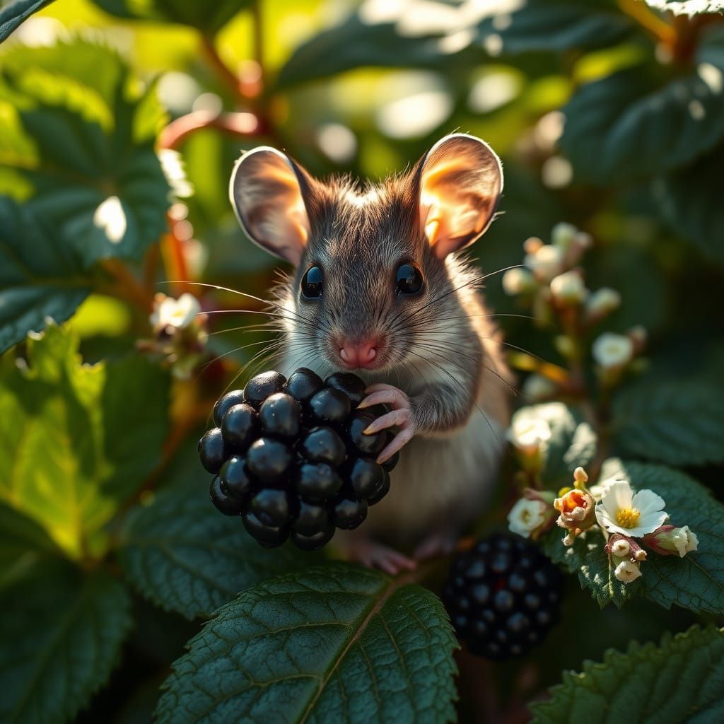 Whimsical Field Mouse Savoring Blackberry in Lush Bush