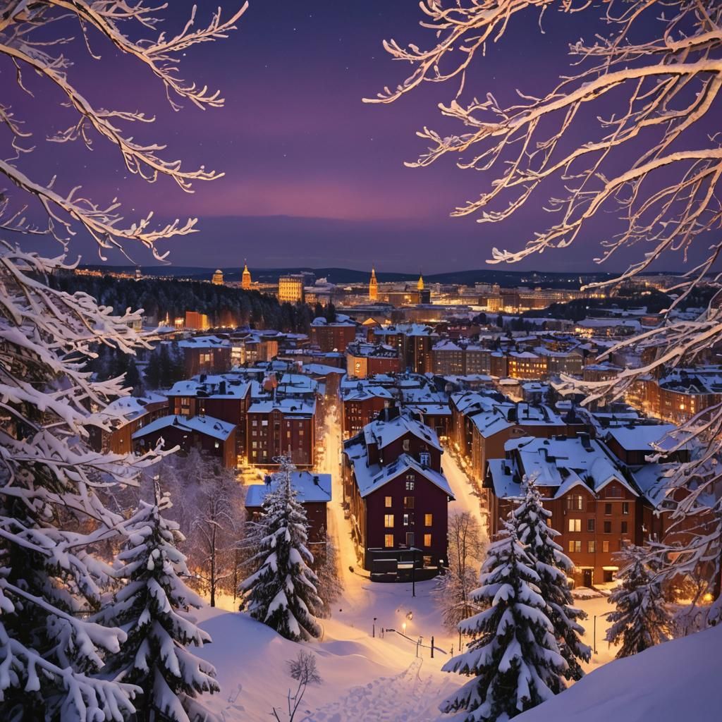 Nighttime Oslo: Orange Snow and Aurora Borealis