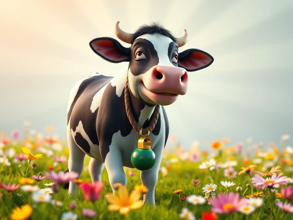 Contented Cow in Flower Meadow, Pixar 3D Art Style