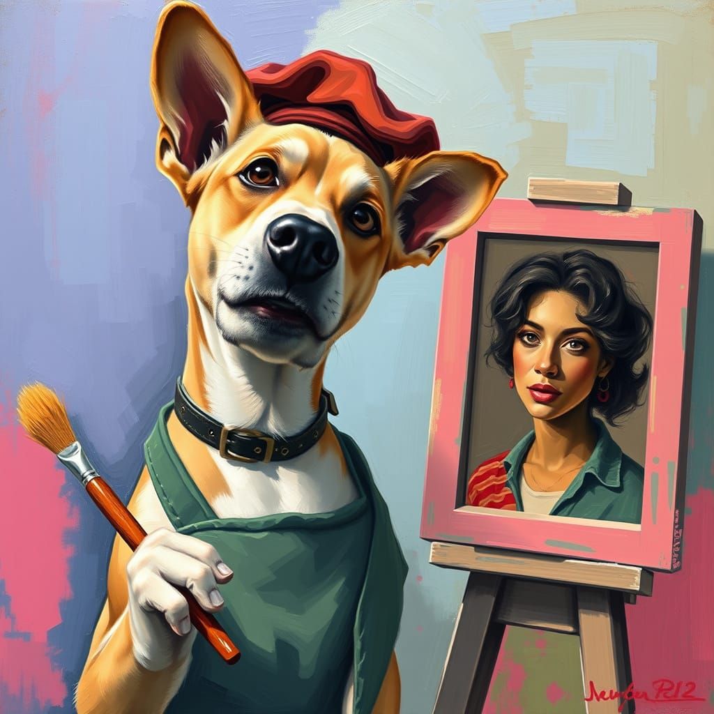 Dog Artist Paints Human Portrait in Whimsical Style