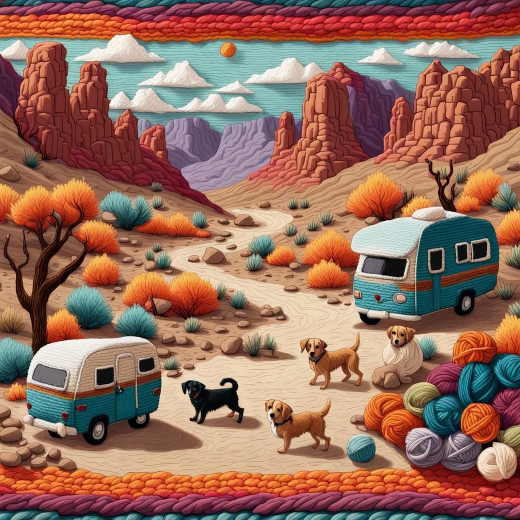 A vibrant and whimsical group of adventures camping in desert canyon