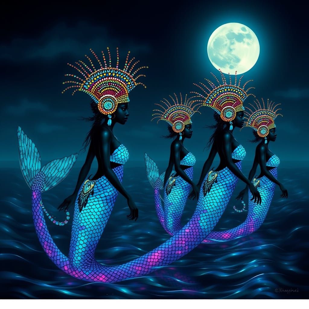Iridescent Mermaids Emerge Under Moonlight: Afrofuturist Art