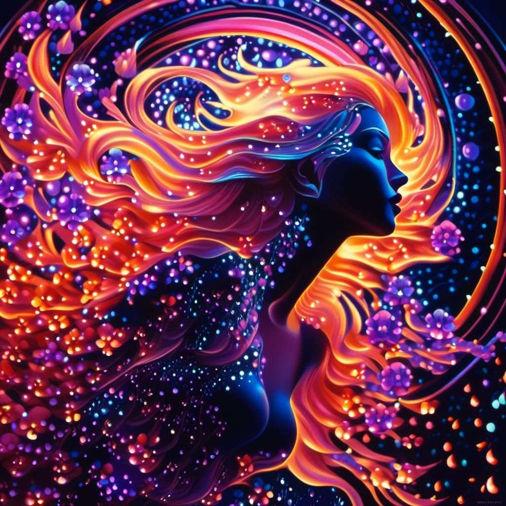 Nebula Mermaid with Neon Flowers in 3D Style