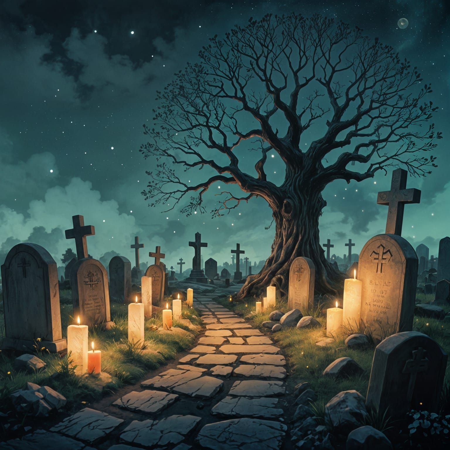 Surreal Graveyard Scene Under Moonlit Ghibli-Inspired Sky