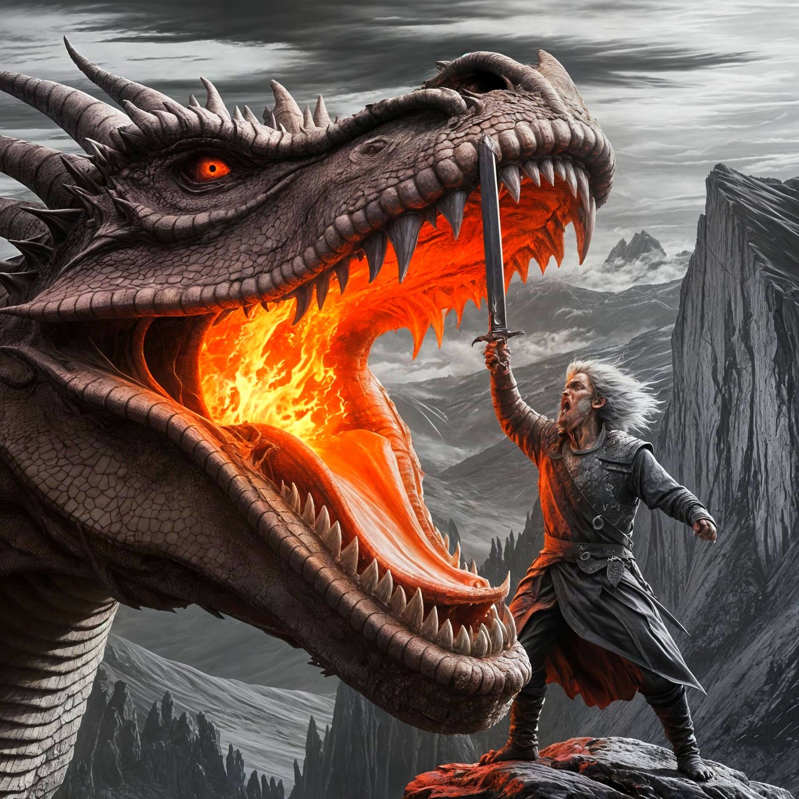 Surreal Dragon Slayer Defies the Fiery Beast in a Stormy Lan...
