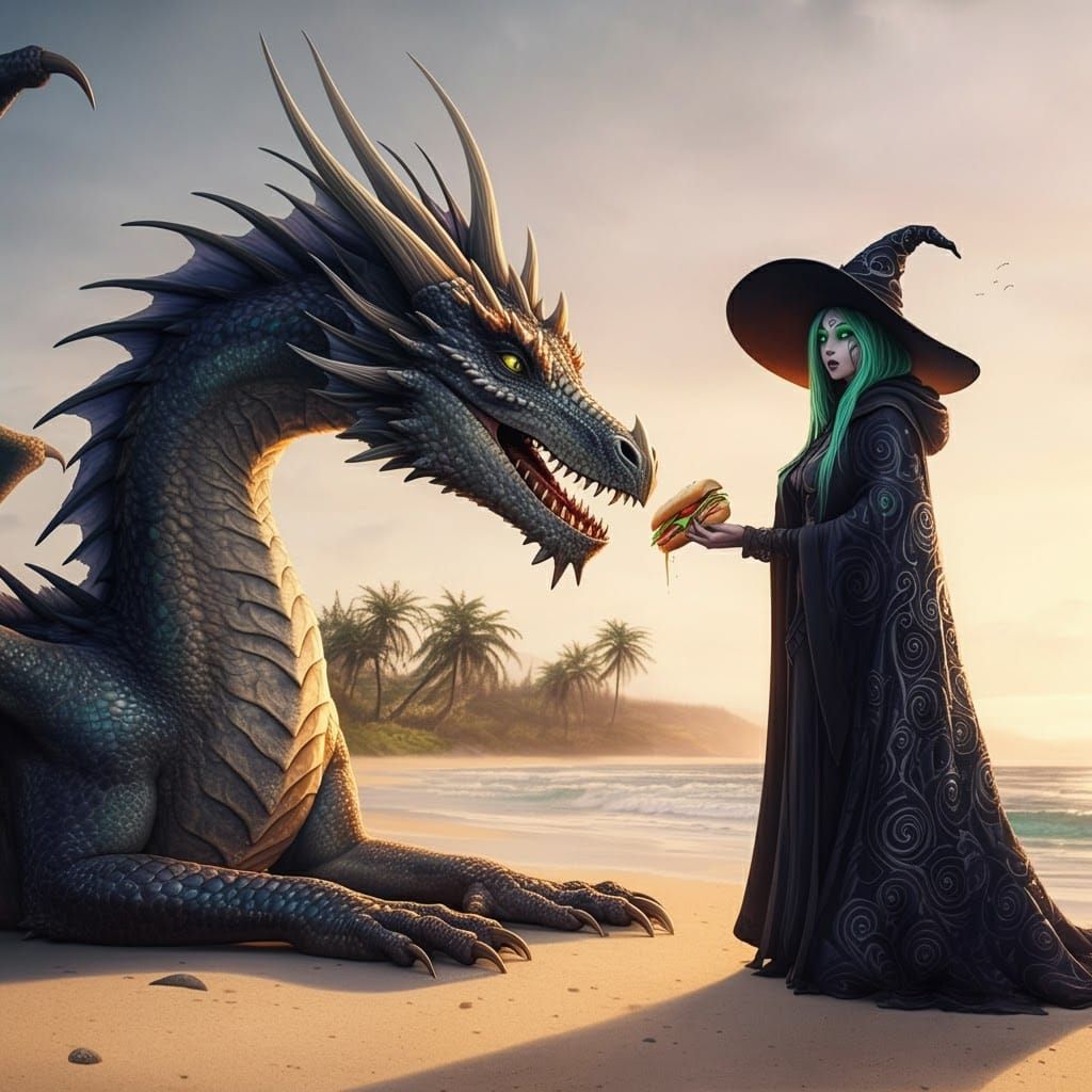 Dragon Shares Sandwich with Witch on Beach