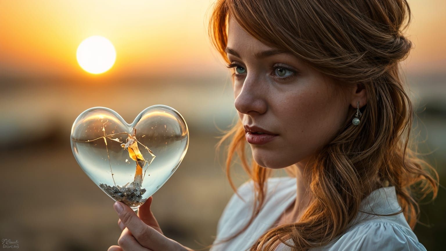 Redhead with Broken Heart in Dreamy Sunset
