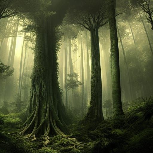 Dramatic Deep Forest Digital Matte Painting