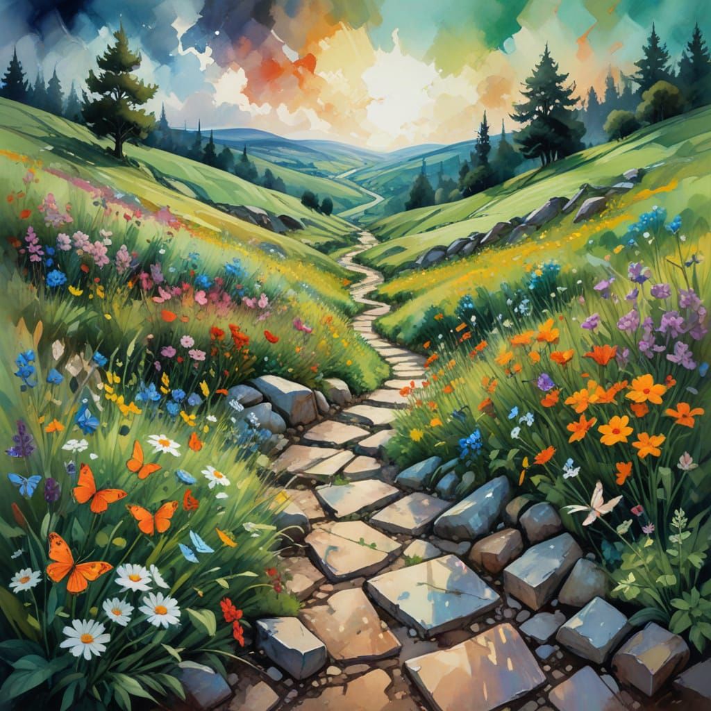 Spring Meadow in Expressionist-Abstract Fractal Style