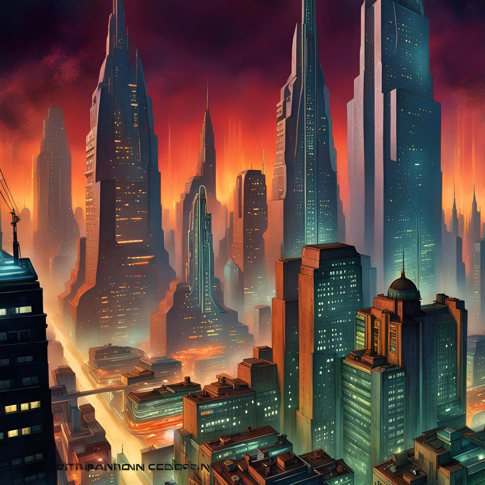 Futuristic Cityscape at Night: 1950s Sci-Fi Art