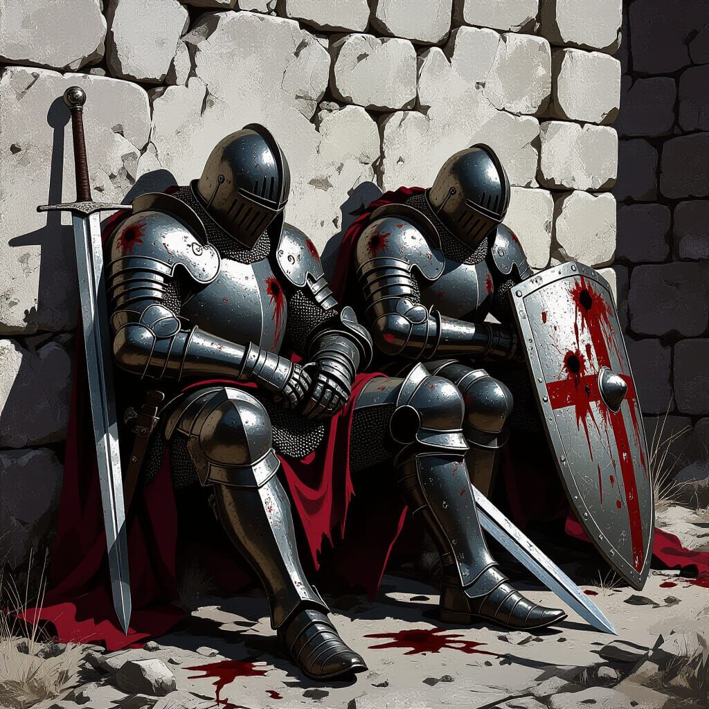 Exhausted Knights After Battle: Gritty Gothic Close-Up