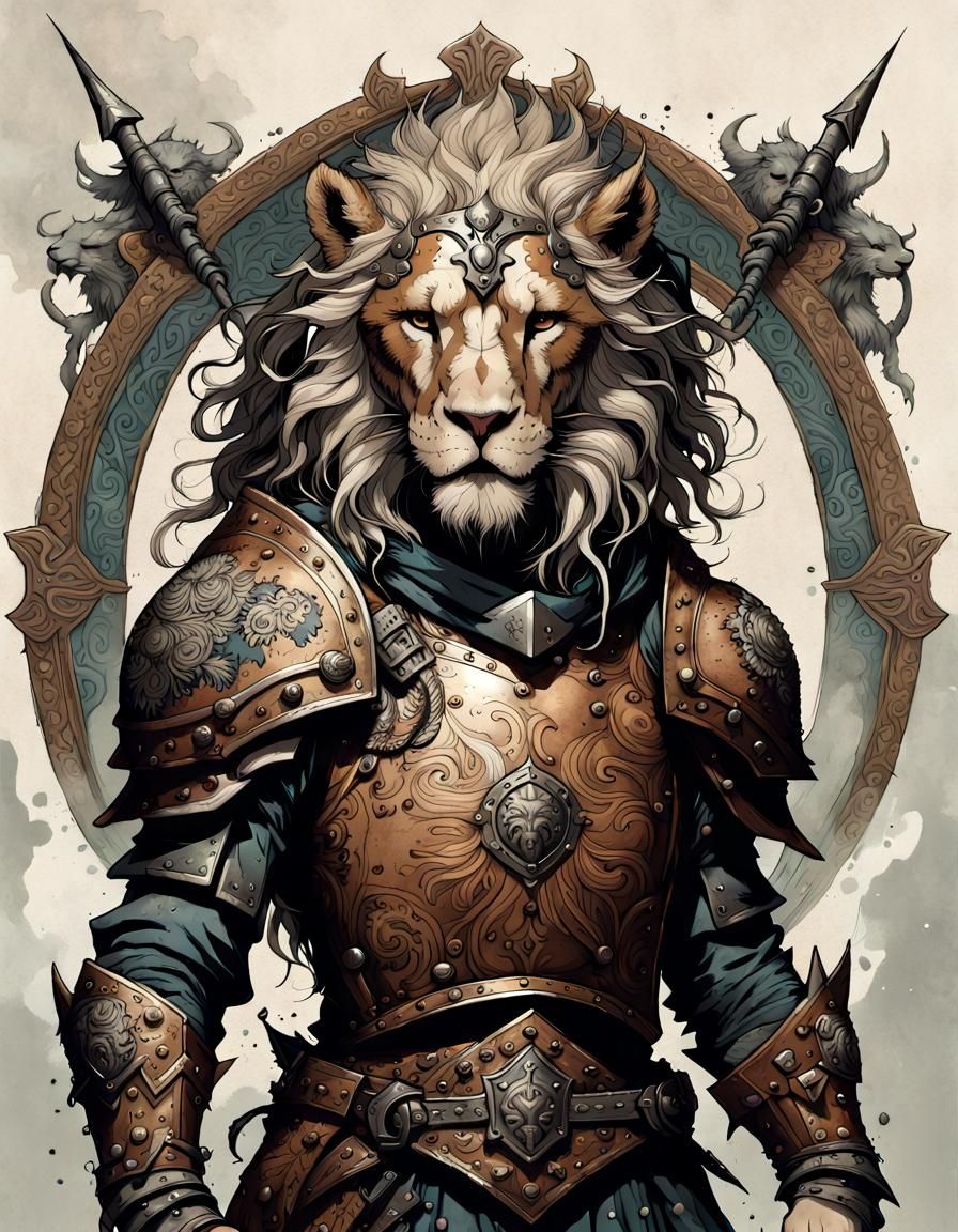 Medieval Lion Shield Warrior: Intricate Ink Illustration