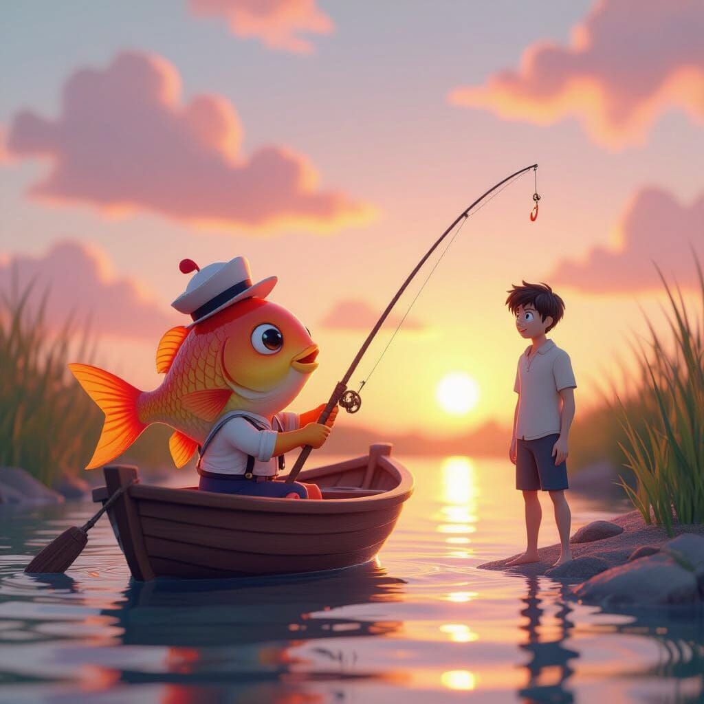 Comical Fish in Boat Lures Man with Worm